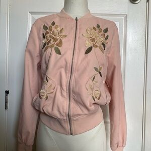 Floral Embroidered Pink Bomber Jacket